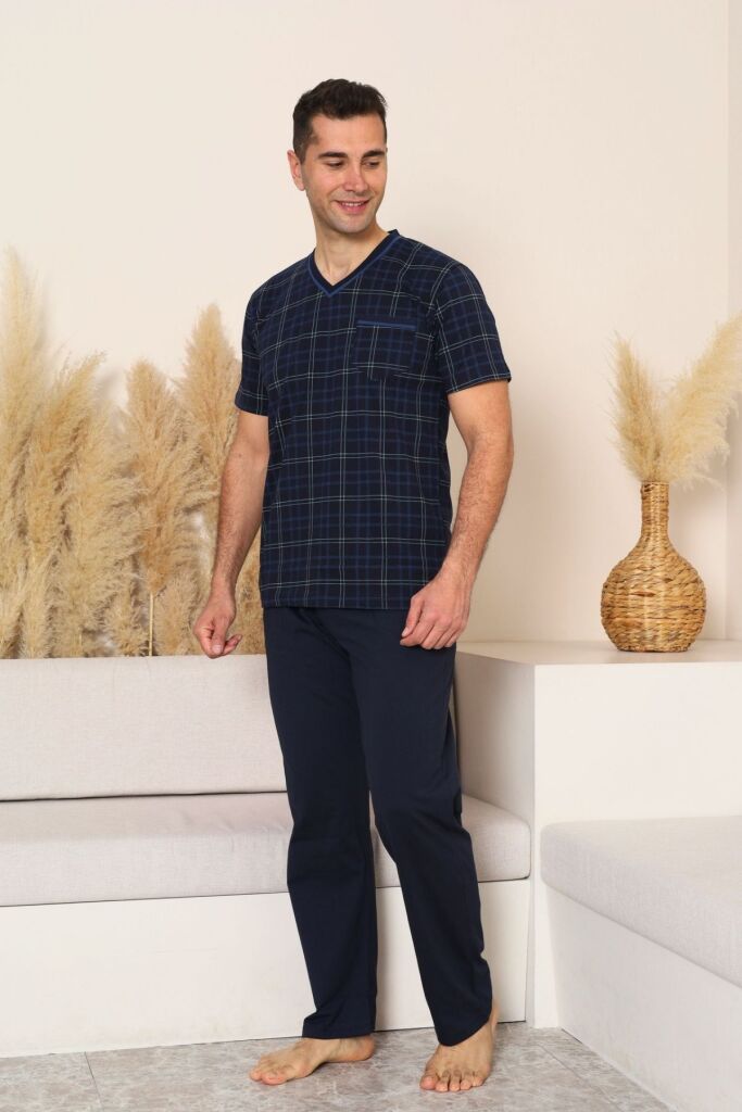 Erkek Pijama Takımı - Lacivert Kareli V Yaka Kısa Kollu Penye 1226KY - 4