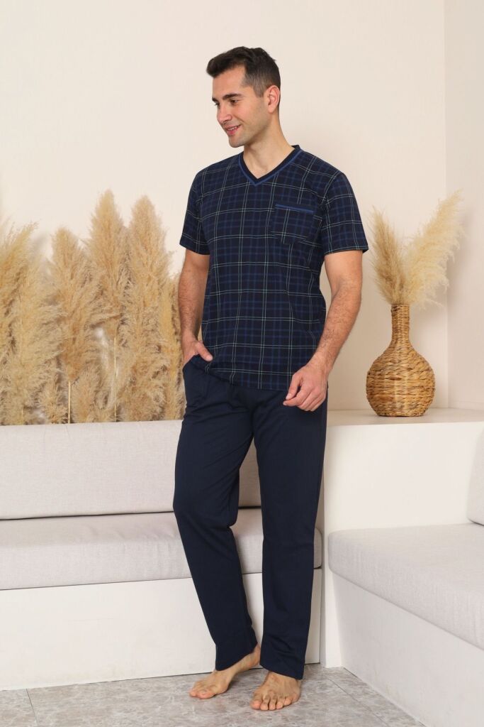 Erkek Pijama Takımı - Lacivert Kareli V Yaka Kısa Kollu Penye 1226KY - 3
