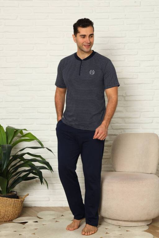 Erkek Pijama Takımı - Lacivert Kısa Kollu Penye 1219KY - 1