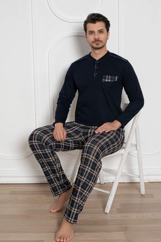 Erkek Pijama Takımı - Lacivert Kışlık Şardonlu Jakarlı Kumaş 1211UK - 2