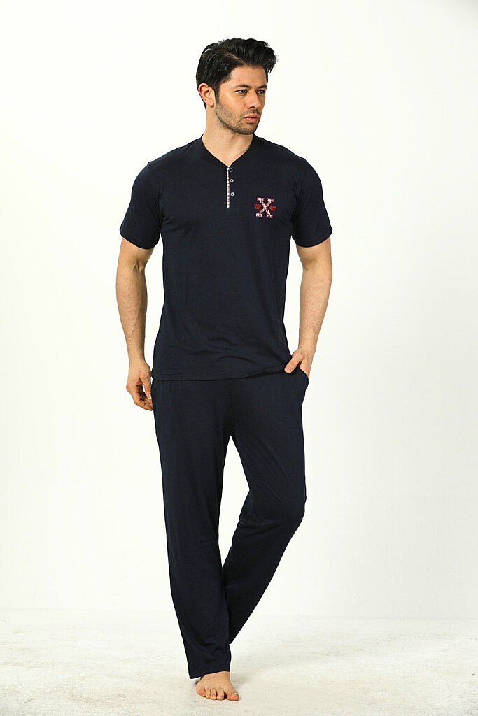 Erkek Pijama Takımı - Lacivert Nakışlı Kısa Kollu Penye 1102KY - 1