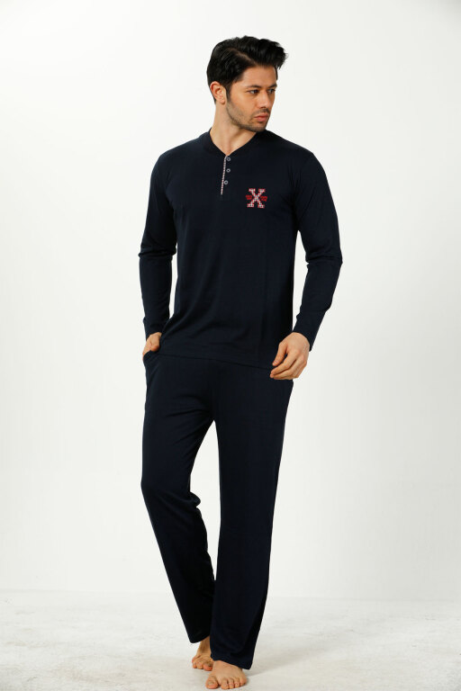 Erkek Pijama Takımı - Lacivert Nakışlı Uzun Kollu Penye 1102UY - Alimer