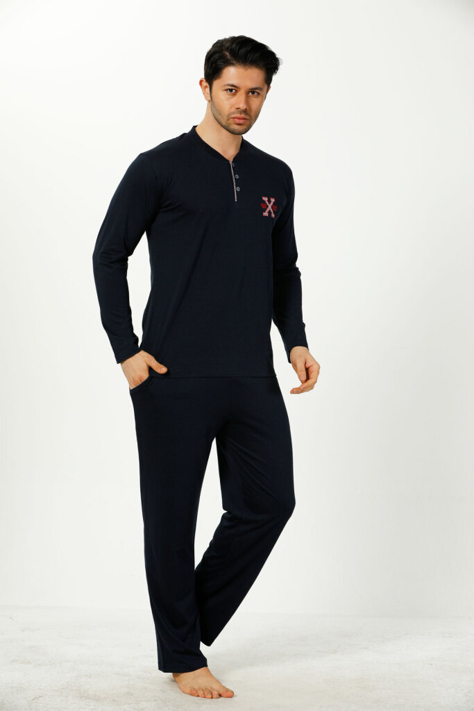 Erkek Pijama Takımı - Lacivert Nakışlı Uzun Kollu Penye 1102UY - 2