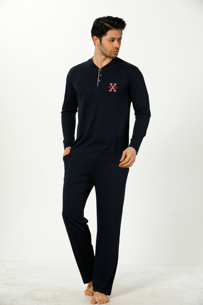 Erkek Pijama Takımı - Lacivert Nakışlı Uzun Kollu Penye 1102UY - 1