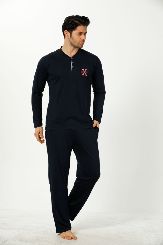 Erkek Pijama Takımı - Lacivert Nakışlı Uzun Kollu Penye 1102UY - 3