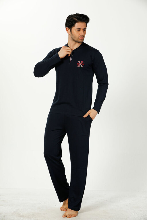 Erkek Pijama Takımı - Lacivert Nakışlı Uzun Kollu Penye 1102UY - 4