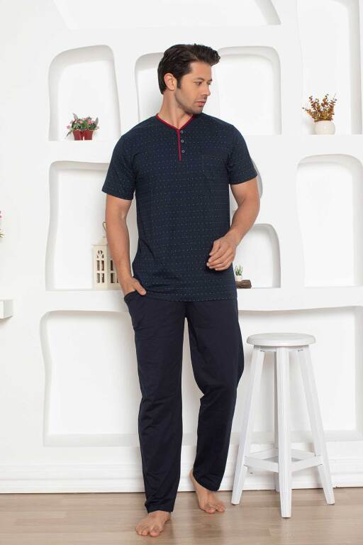 Erkek Pijama Takımı - Lacivert Mini Puan Desen Penye Kısa Kollu 1204KY - 1