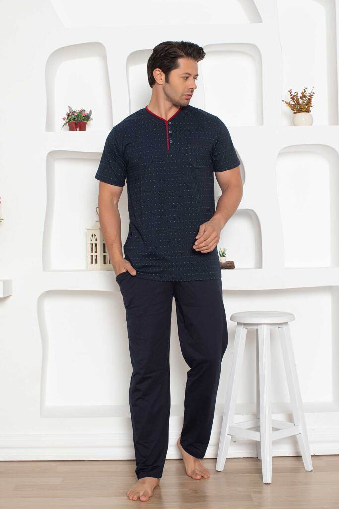 Erkek Pijama Takımı - Lacivert Mini Puan Desen Penye Kısa Kollu 1204KY - 1