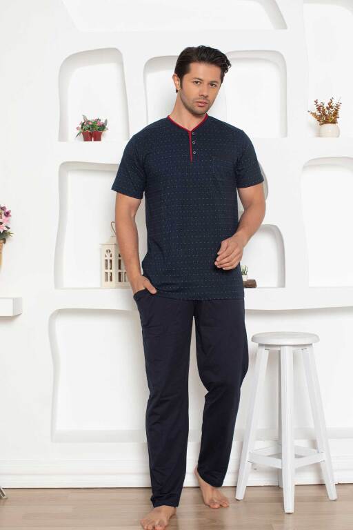 Erkek Pijama Takımı - Lacivert Mini Puan Desen Penye Kısa Kollu 1204KY - 2