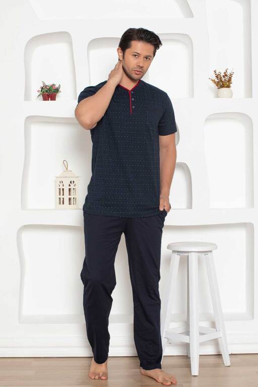 Erkek Pijama Takımı - Lacivert Mini Puan Desen Penye Kısa Kollu 1204KY - 3