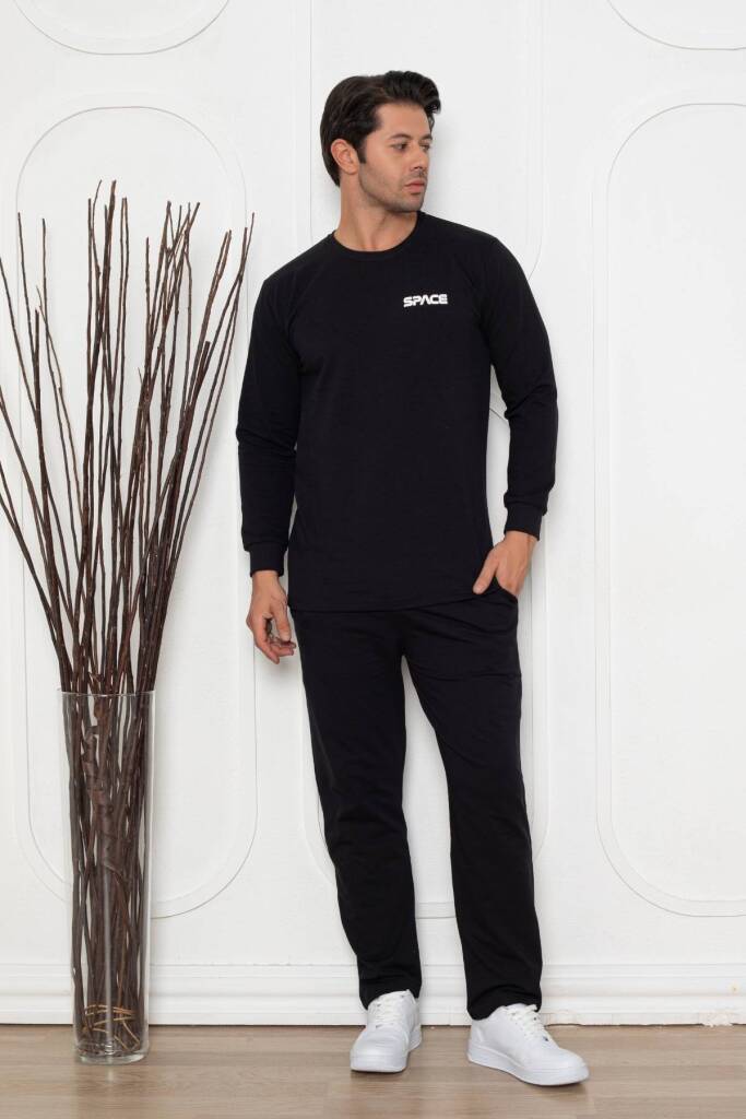Erkek Pijama Takımı - Siyah Space Likralı Penye 1209UKL - 1