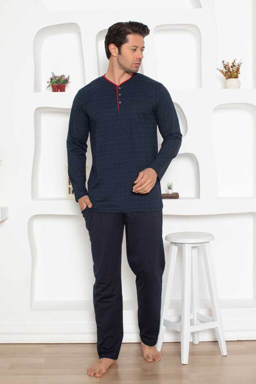 Erkek Pijama Takımı - Lacivert Mini Puan Desen Penye Uzun Kollu 1204UY - 1