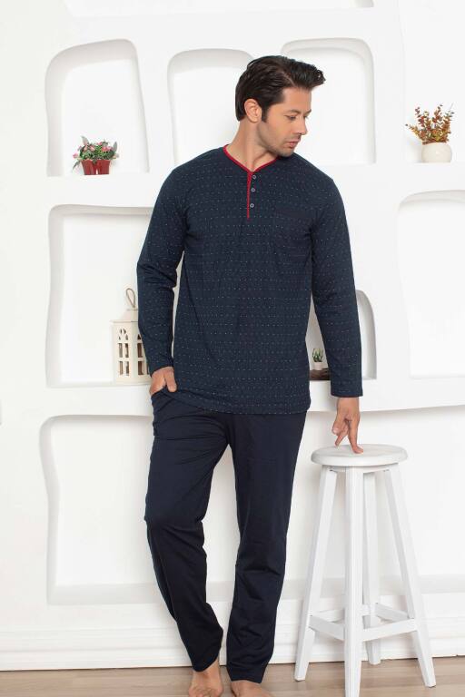 Erkek Pijama Takımı - Lacivert Mini Puan Desen Penye Uzun Kollu 1204UY - 4