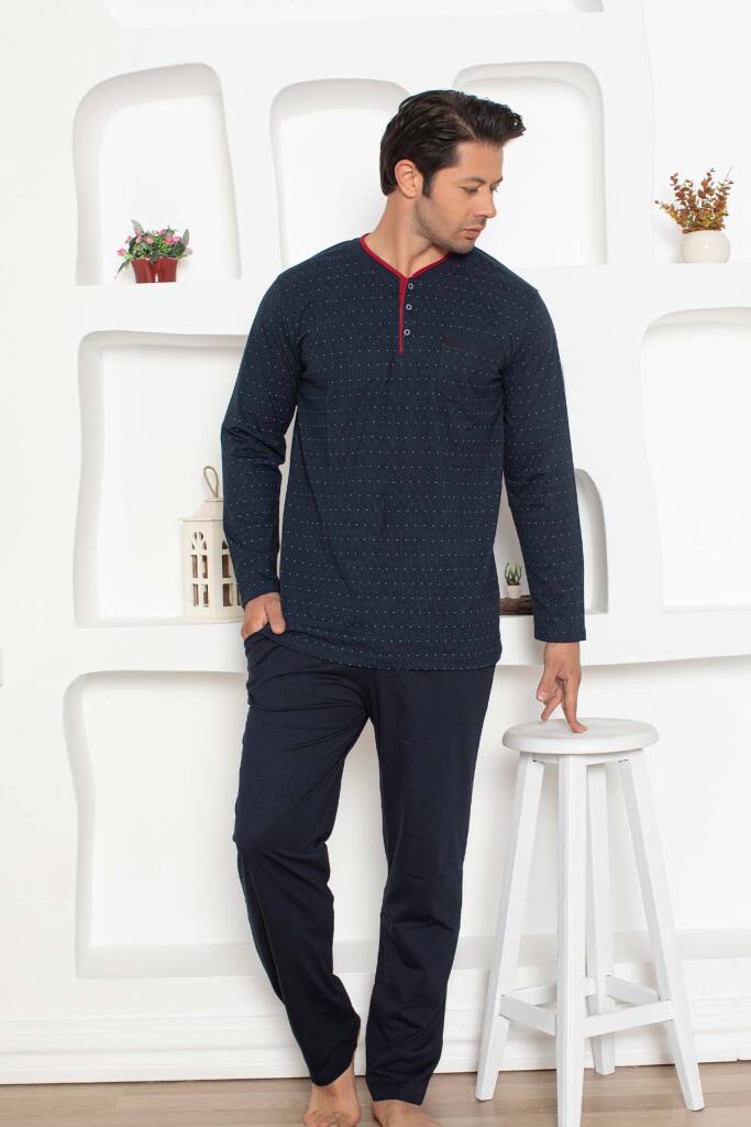 Erkek Pijama Takımı - Lacivert Mini Puan Desen Penye Uzun Kollu 1204UY - 4