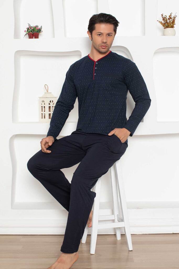 Erkek Pijama Takımı - Lacivert Mini Puan Desen Penye Uzun Kollu 1204UY - 2