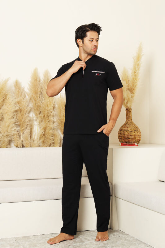 Erkek Pijama Takımı - Siyah Arma Nakışlı Likralı Kısa Kollu Penye 1194KY - 3