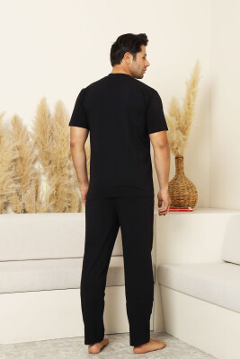 Erkek Pijama Takımı - Siyah Arma Nakışlı Likralı Kısa Kollu Penye 1194KY - 5