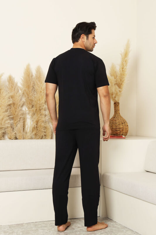 Erkek Pijama Takımı - Siyah Arma Nakışlı Likralı Kısa Kollu Penye 1194KY - 5