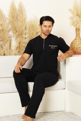 Erkek Pijama Takımı - Siyah Arma Nakışlı Likralı Kısa Kollu Penye 1194KY - 4