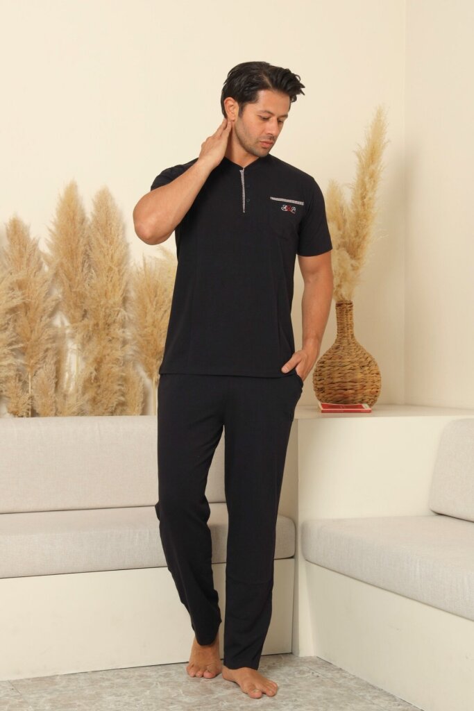 Erkek Pijama Takımı - Siyah Arma Nakışlı Likralı Kısa Kollu Penye 1194KY - 3