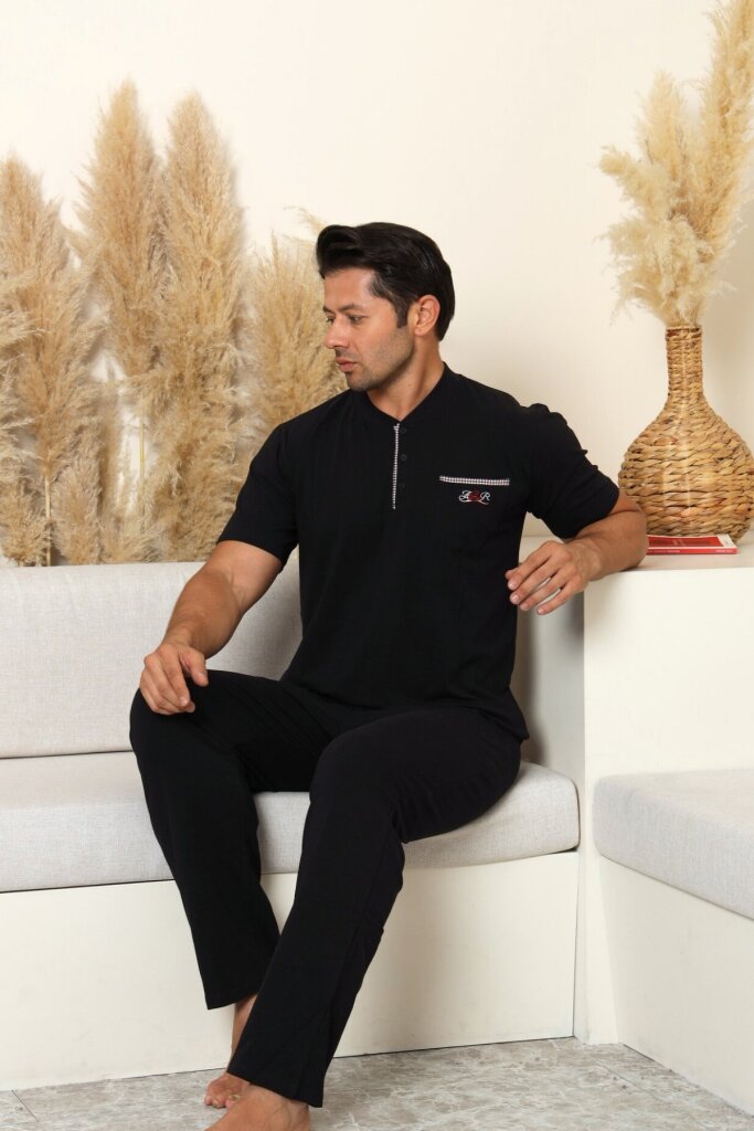 Erkek Pijama Takımı - Siyah Arma Nakışlı Likralı Kısa Kollu Penye 1194KY - 2