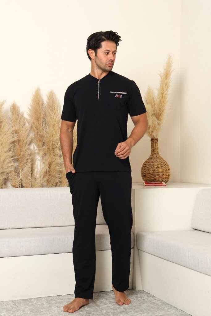 Erkek Pijama Takımı - Siyah Arma Nakışlı Likralı Kısa Kollu Penye 1194KY - 1