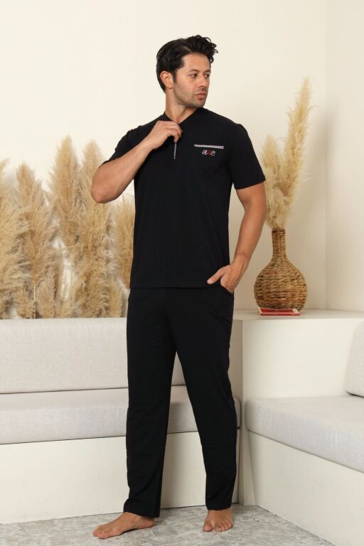 Erkek Pijama Takımı - Siyah Arma Nakışlı Likralı Kısa Kollu Penye 1194KY - 4