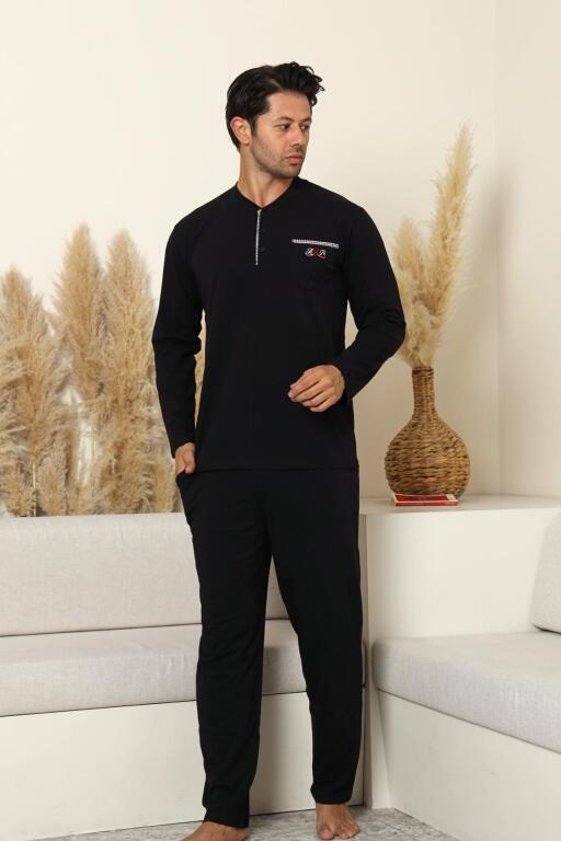 Erkek Pijama Takımı - Siyah Arma Nakışlı Likralı Uzun Kollu Penye 1194UY - Alimer