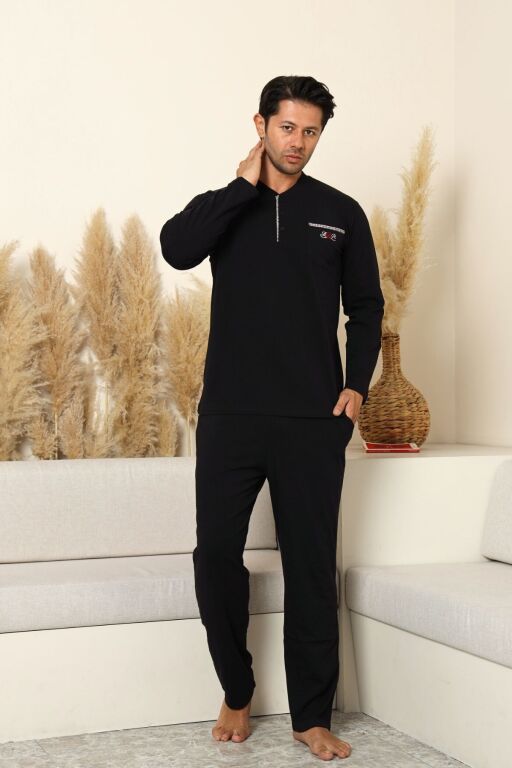 Erkek Pijama Takımı - Siyah Arma Nakışlı Likralı Uzun Kollu Penye 1194UY - Alimer (1)