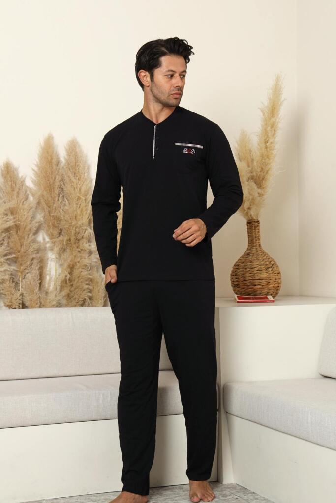 Erkek Pijama Takımı - Siyah Arma Nakışlı Likralı Uzun Kollu Penye 1194UY - 1