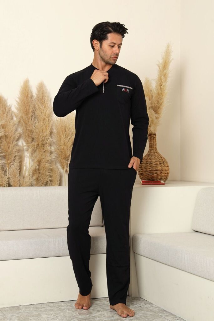 Erkek Pijama Takımı - Siyah Arma Nakışlı Likralı Uzun Kollu Penye 1194UY - 3