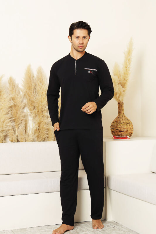 Erkek Pijama Takımı - Siyah Arma Nakışlı Likralı Uzun Kollu Penye 1194UK - 4