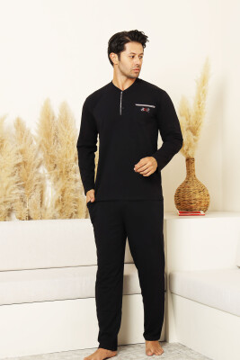Erkek Pijama Takımı - Siyah Arma Nakışlı Likralı Uzun Kollu Penye 1194UK - 1