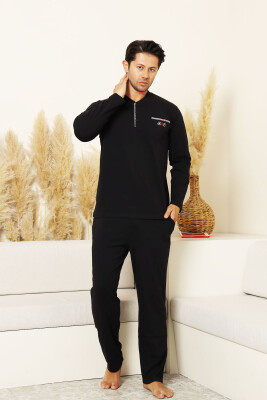 Erkek Pijama Takımı - Siyah Arma Nakışlı Likralı Uzun Kollu Penye 1194UK - 2