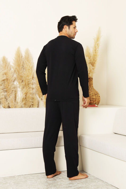 Erkek Pijama Takımı - Siyah Arma Nakışlı Likralı Uzun Kollu Penye 1194UK - 5