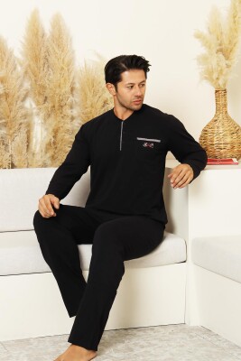 Erkek Pijama Takımı - Siyah Arma Nakışlı Likralı Uzun Kollu Penye 1194UK - 3