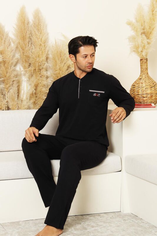 Erkek Pijama Takımı - Siyah Arma Nakışlı Likralı Uzun Kollu Penye 1194UK - 3