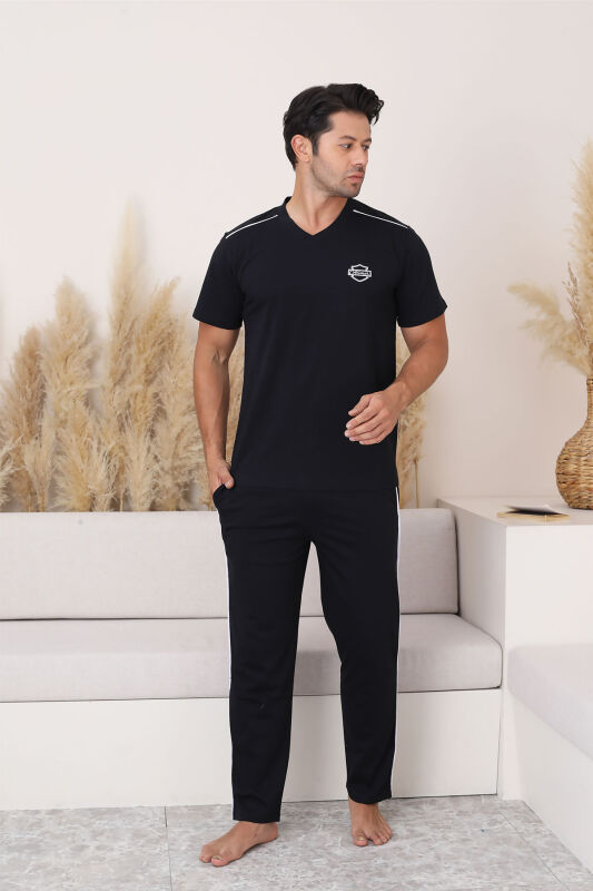 Erkek Pijama Takımı - Siyah Arma Nakışlı V Yaka Kısa Kollu Penye 1216KY - 2