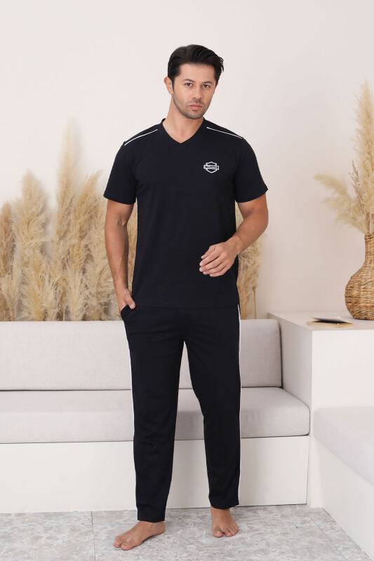 Erkek Pijama Takımı - Siyah Arma Nakışlı V Yaka Kısa Kollu Penye 1216KY - 3