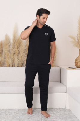 Erkek Pijama Takımı - Siyah Arma Nakışlı V Yaka Kısa Kollu Penye 1216KY - 4