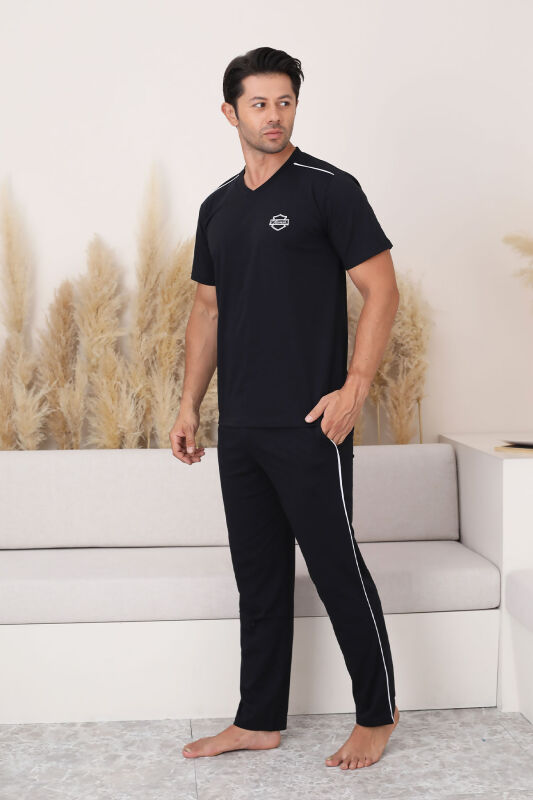 Erkek Pijama Takımı - Siyah Arma Nakışlı V Yaka Kısa Kollu Penye 1216KY - 5