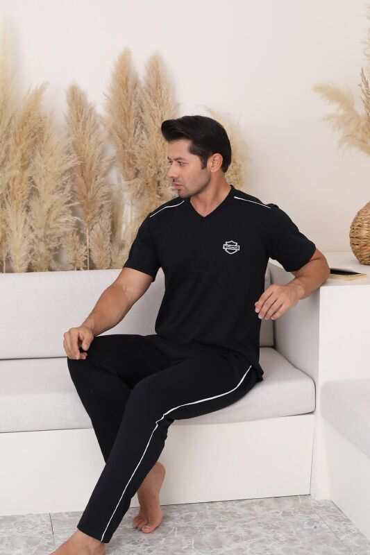 Erkek Pijama Takımı - Siyah Arma Nakışlı V Yaka Kısa Kollu Penye 1216KY - 1