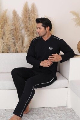 Erkek Pijama Takımı - Siyah Arma Nakışlı V Yaka Uzun Kollu Penye 1216UK - Alimer
