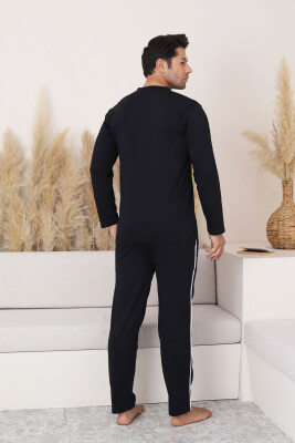 Erkek Pijama Takımı - Siyah Arma Nakışlı V Yaka Uzun Kollu Penye 1216UY - 5