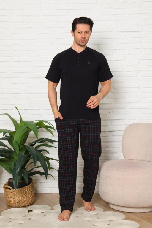 Erkek Pijama Takımı - Siyah Ekoseli Kısa Kollu Penye 1224KY - 1