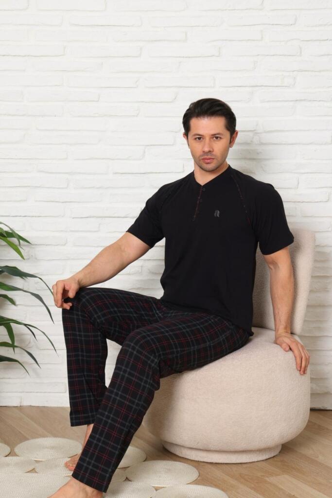 Erkek Pijama Takımı - Siyah Ekoseli Kısa Kollu Penye 1224KY - 2