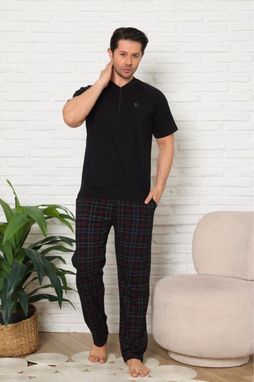 Erkek Pijama Takımı - Siyah Ekoseli Kısa Kollu Penye 1224KY - 3