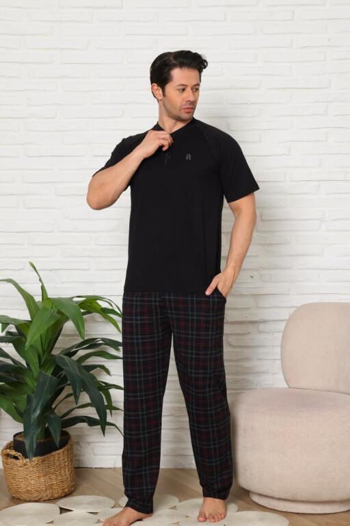Erkek Pijama Takımı - Siyah Ekoseli Kısa Kollu Penye 1224KY - 4