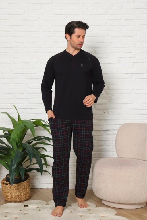Erkek Pijama Takımı - Siyah Ekoseli Uzun Kollu Penye 1224UY - 1