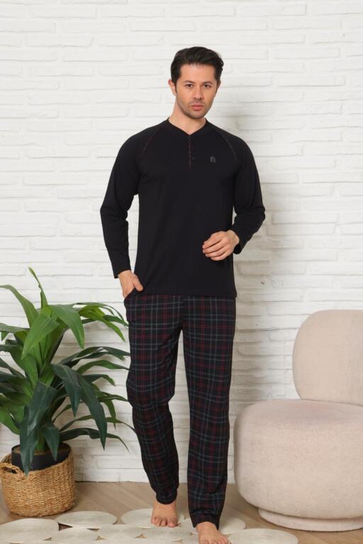 Erkek Pijama Takımı - Siyah Ekoseli Uzun Kollu Penye 1224UY - 4